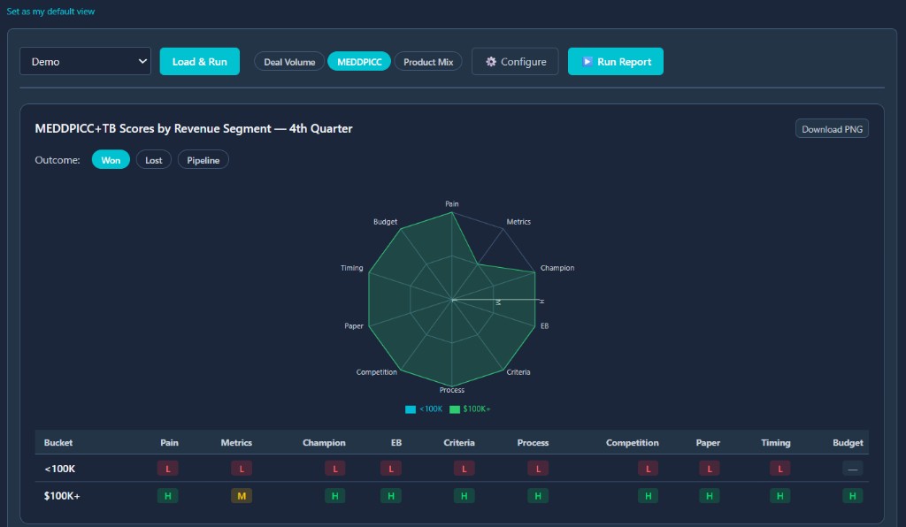 MEDDPICC radar report by revenue segment with Excel and PNG export