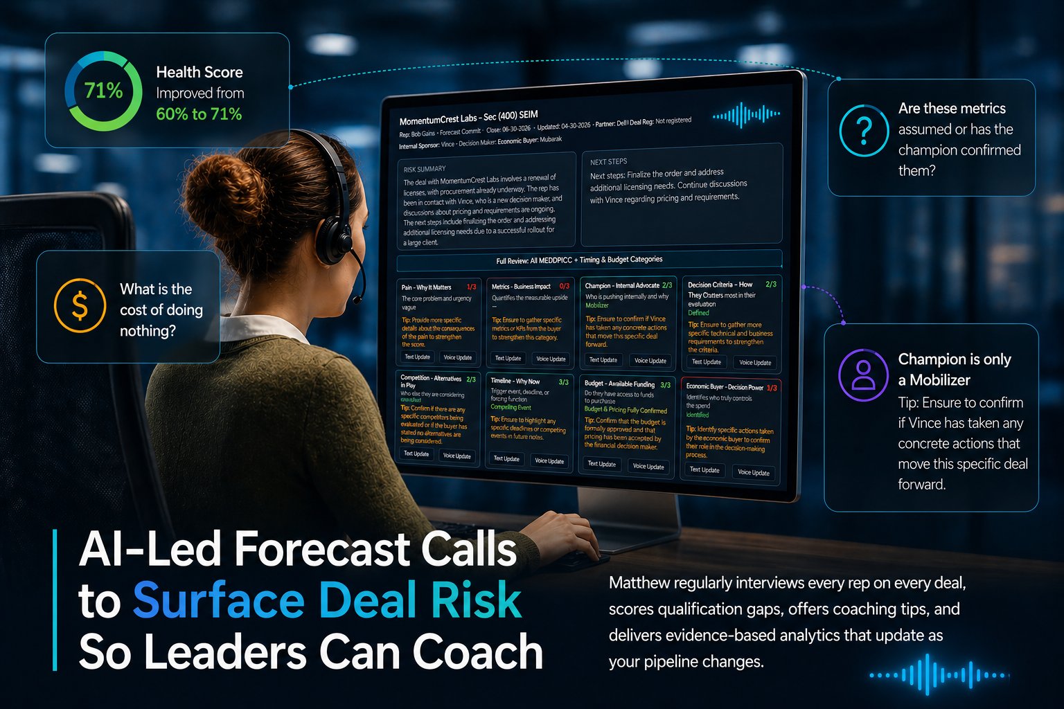 Sales rep using SalesForecaster.io with Matthew AI Forecast Interviewer — MEDDPICC deal review showing health score improvement from 60% to 71%, qualification gaps, and coaching tips surfaced in real time
